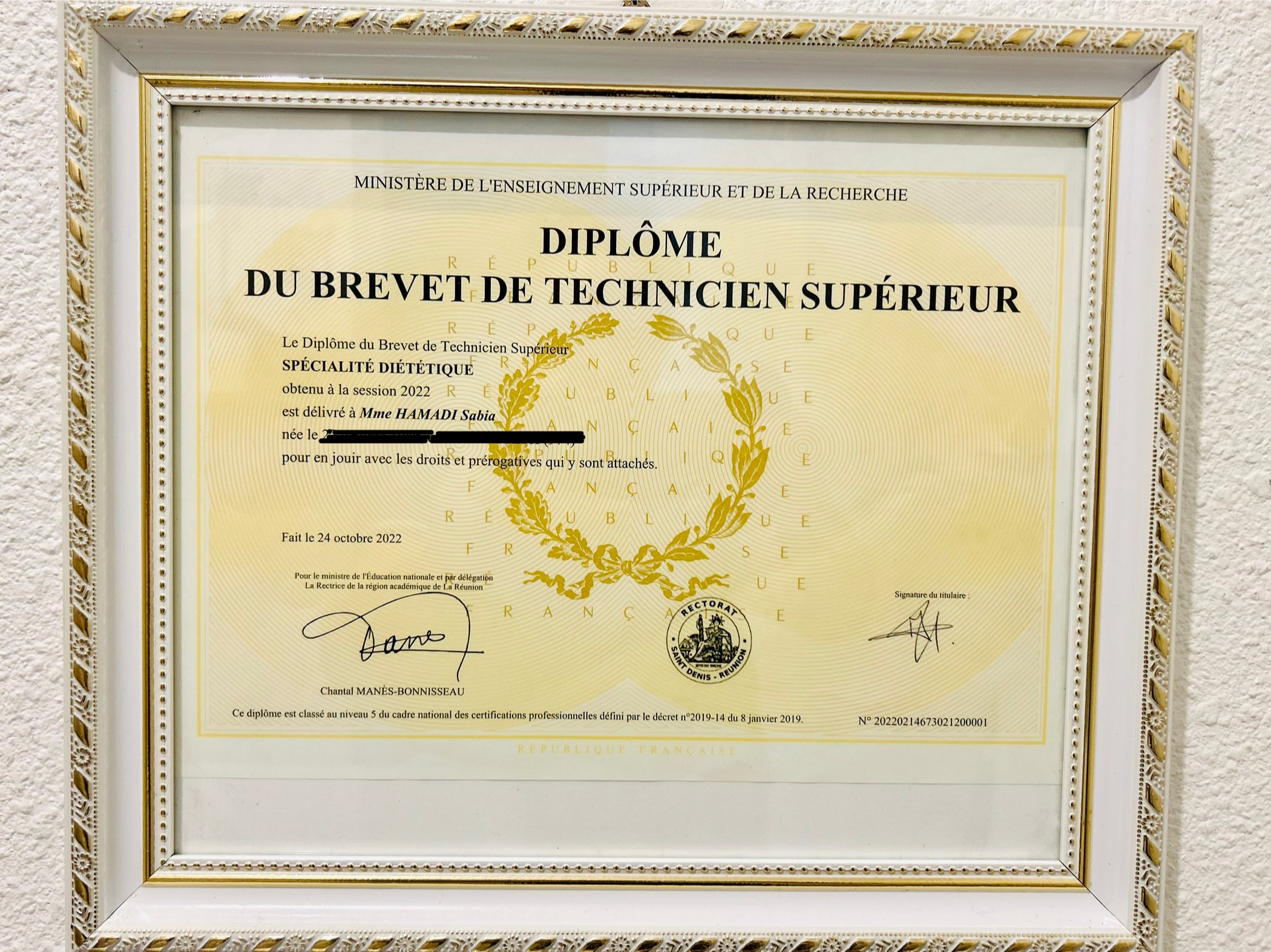 Diplôme de diététicienne nutritionniste de Sabia Hamadi
